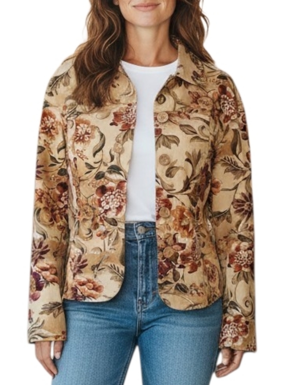 Coldwater Creek Beige Floral 100% Cotton Blazer Jacket Size S